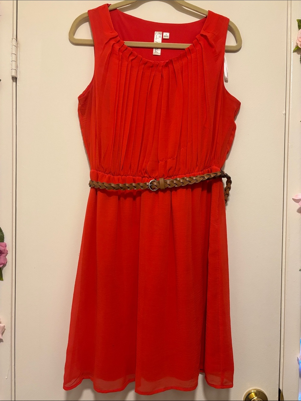 Sleeveless Red Pleated Midi Dress with Braided Belt
